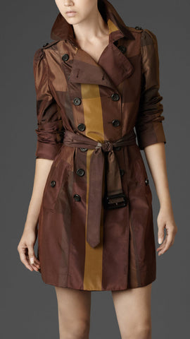 Double Breasted Check Silk Blend Trench Coat